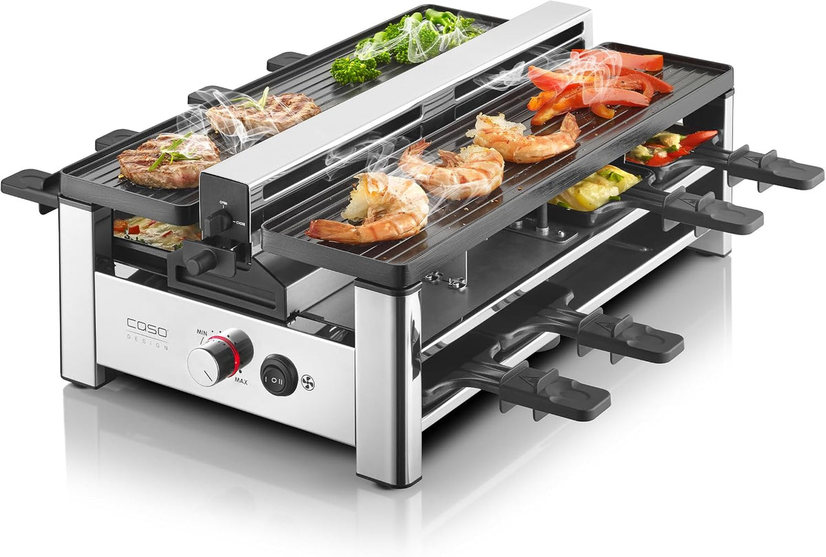 Caso Dunstabzugshaube, Schwarz/Silber, Raclette AirClean - Raclettegrill mit integriertem, für 8 Personen, schnelles Aufheizen
