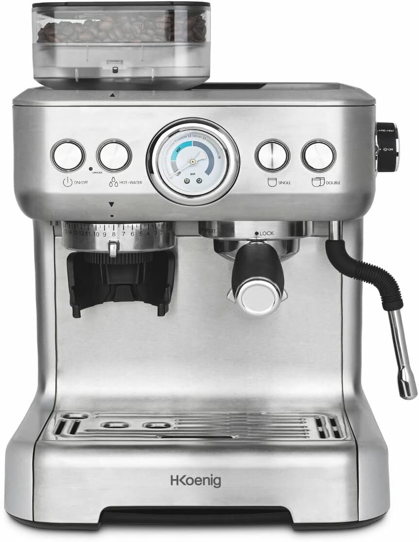 H.Koenig Kaffeemaschine, 20 bar, 2,7 l, Schwarz/Silber, Espressomaschine mit Mahlwerk EXPRO980, 250 g, Körnungsbehälter