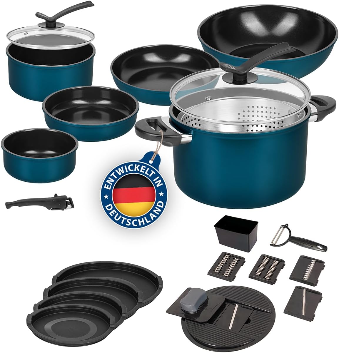 Genius Topf- & Pfannensets, Schwarz, Kelton Pfannenset Töpfe Set 3 in 1 mit Deckel und, Kochgeschirr mit Pfannen und Kochtöpfen mit Antihaft