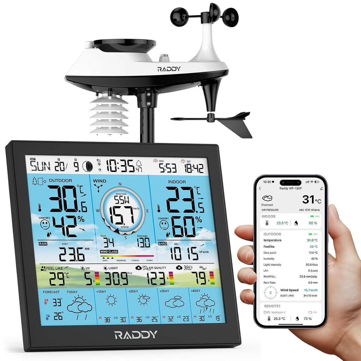 Raddy Wetterstationen, Schwarz, WF-120P WLAN Wetterstation mit App-Steuerung, 10' HTN Farbdisplay, Innen-/Außentemperatur & Luftfeuchtigkeit