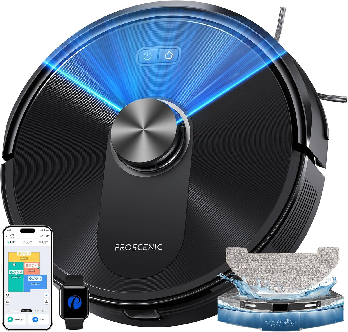 Proscenic Saugroboter, Schwarz, Q10+ mit Wischfunktion, 10000Pa 200Min Staubsauger Roboter, Intelligentes Laser Navigation mit 5 Karten