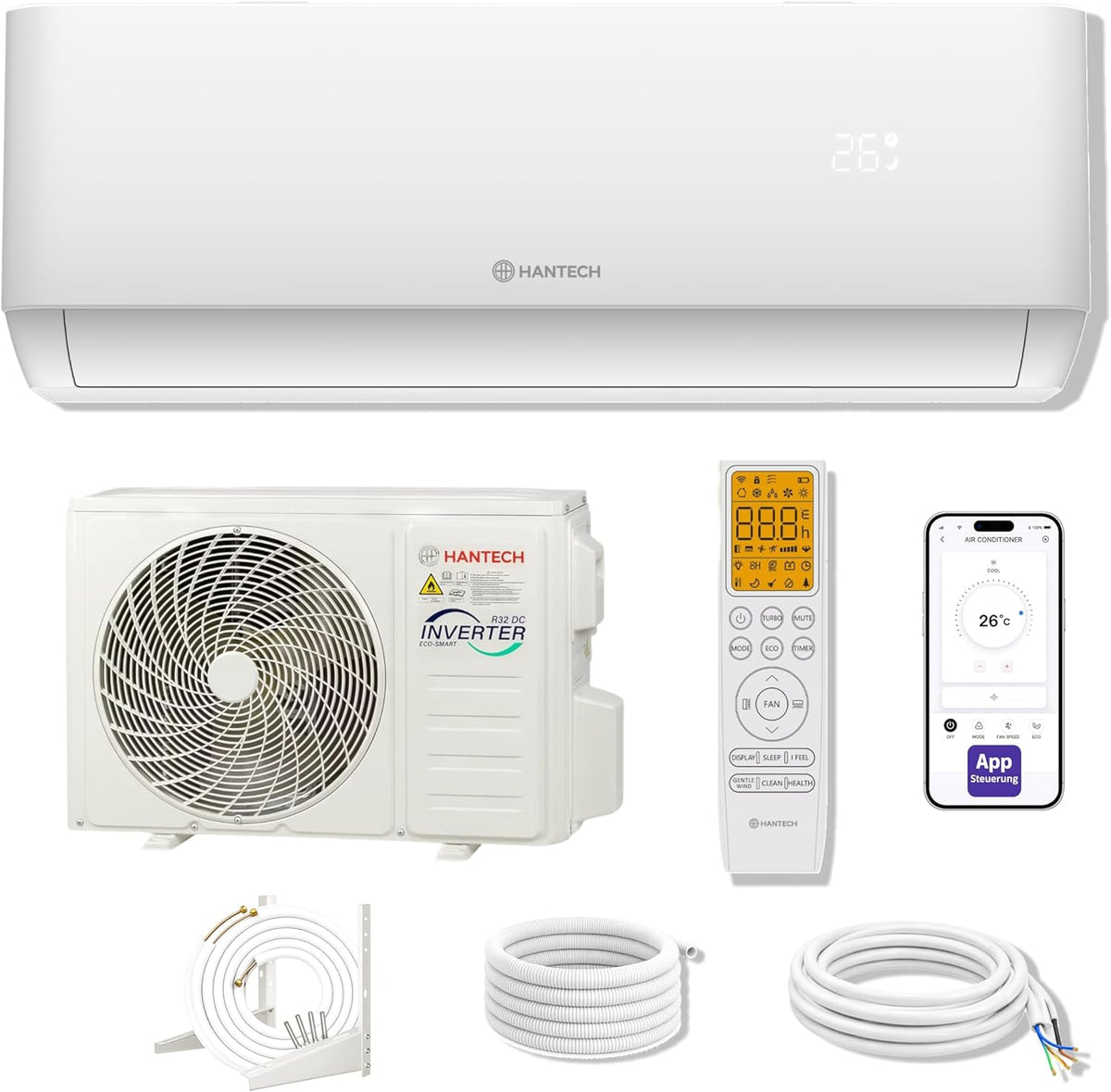 Split-Klimaanlage, 60m, Weiß, Split Klimaanlage 18000 BTU (bis ²) HANTECH H-PRO, Luftfilter, WIFI, Montagematerial