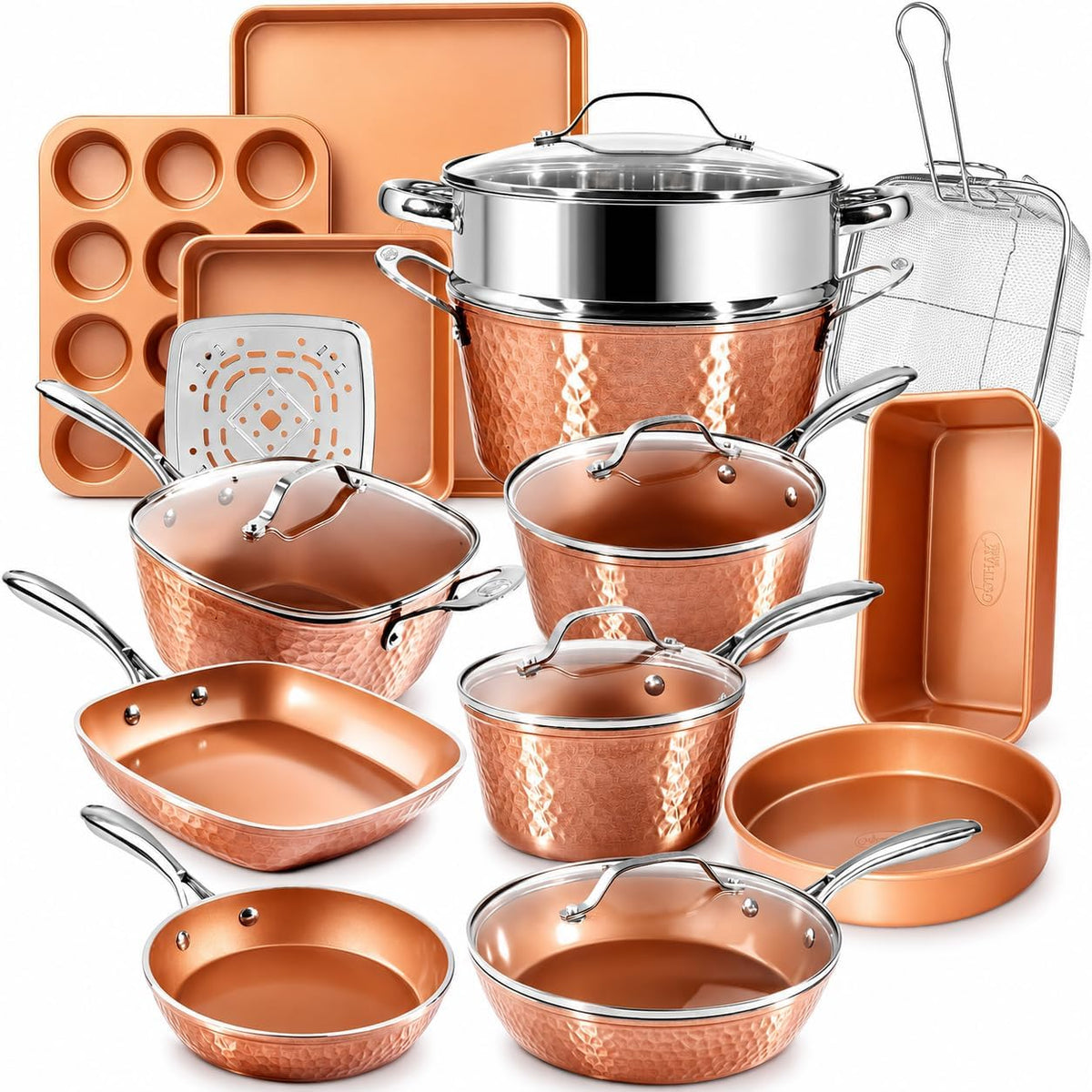 GOTHAM STEEL Pfannensets, Schwarz, Hammered Copper Collection - 20-teiliges, inklusive Bratpfannen