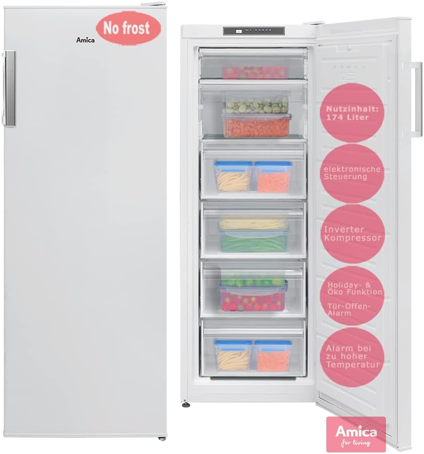 Amica Gefrierschrank, 145 cm, 160 W, 174 L, 54 cm, Weiß, GSN 324 NoFrost, 4 Schubladen, 3 Ablagefächer, 2 Türablagen