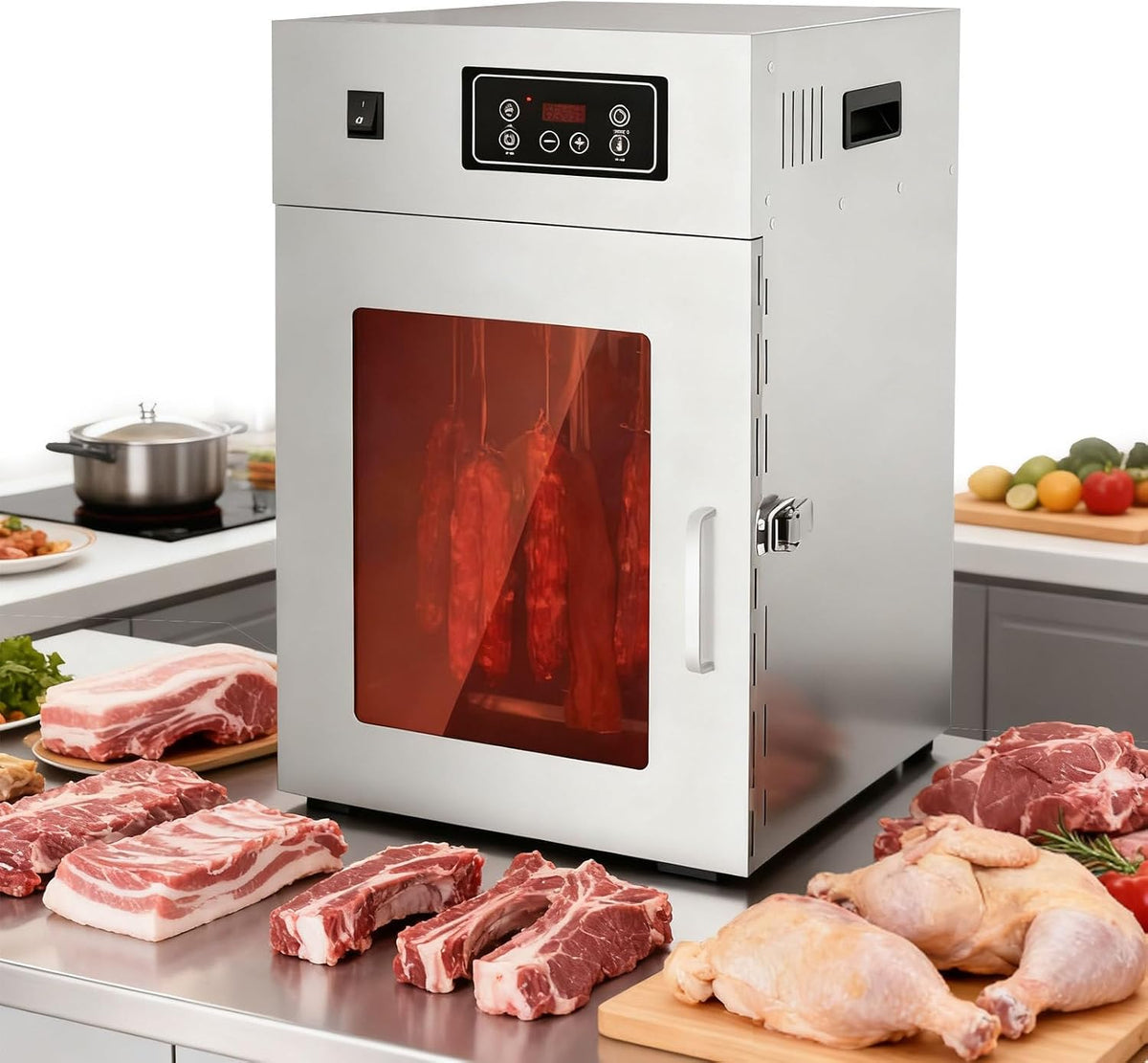 moupeaktain Reifeschrank, Silber, Dry Aged Aus Edelstahl, Dörrgerät Und Trockenschrank Für Fleisch, Große 14 Aufhängestangen