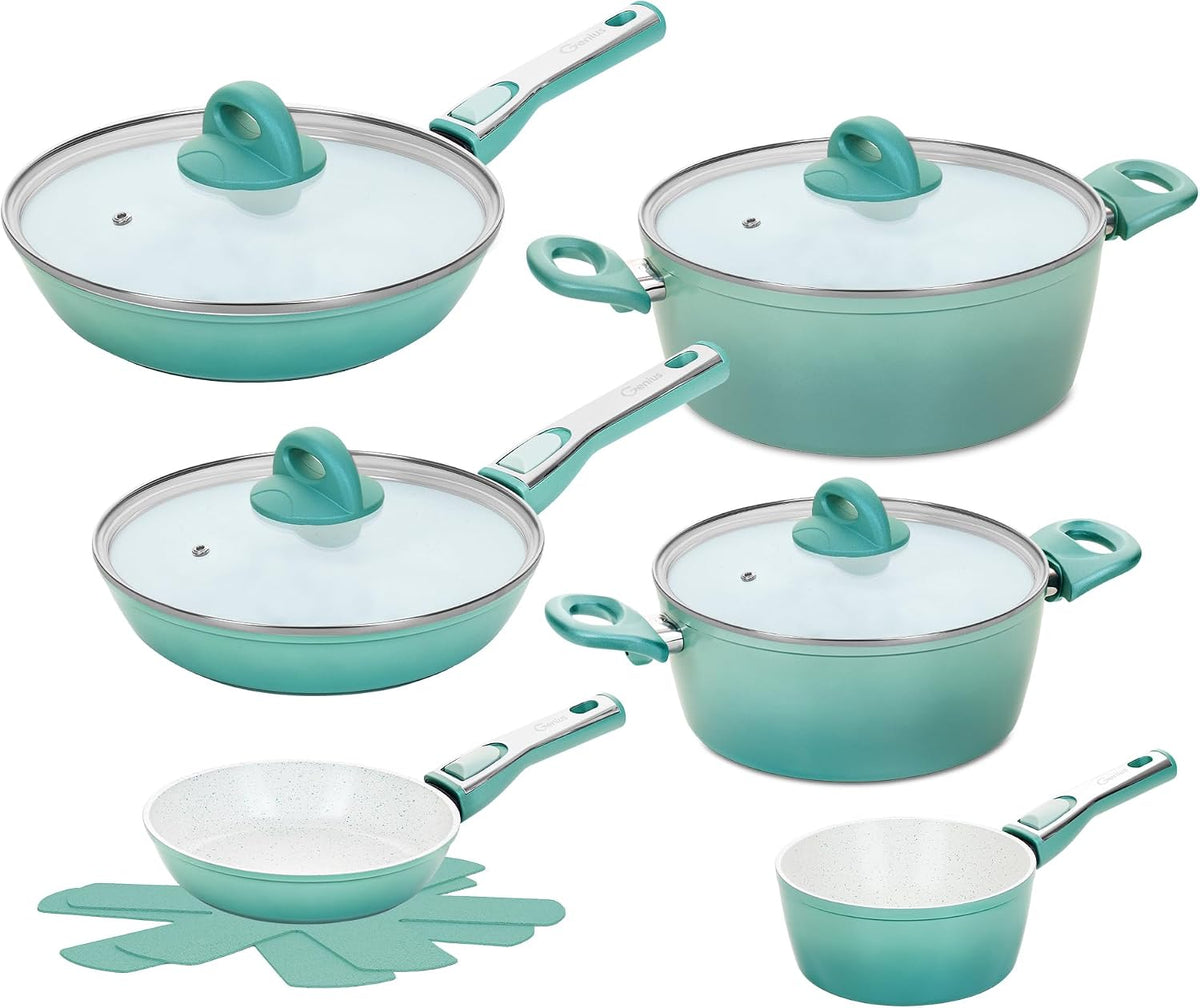Genius Kochfeld, Transparent, Cerafit Revolution Pfannen Topf Deluxe Set 12 tlg., Glasdeckel, Viles Einleger, Keramik antihaftbeschichtete Bratpfanne
