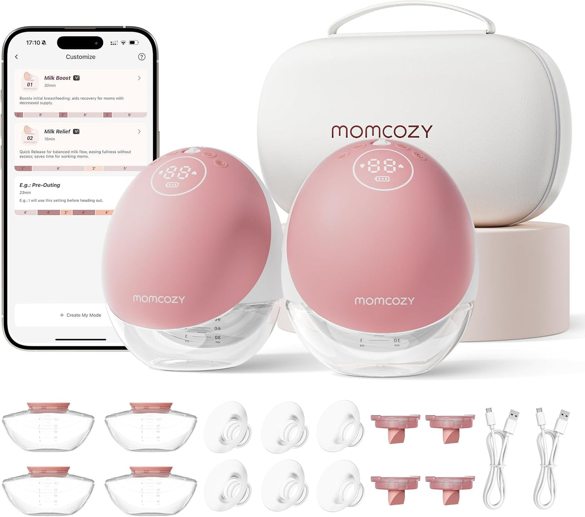 Momcozy Brustpumpen, 24 mm, Rot, M9 Mobile Flow Milchpumpe Elektrische handsfree 2 Pack, Freihändige, tragbare Brustpumpe mit App-Steuerung