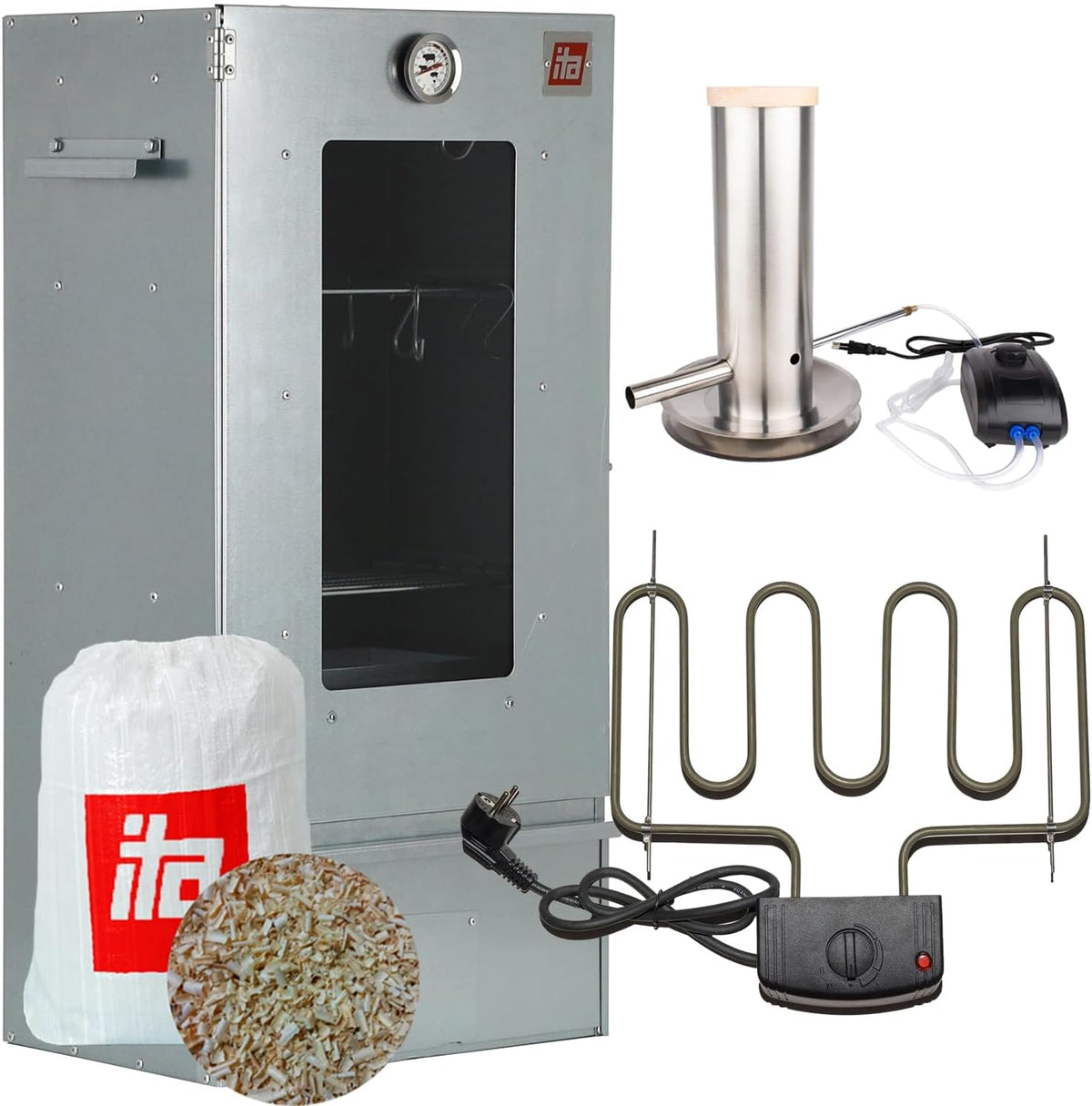 ITA Powerstation, 81 cm, Grau, Elektrischer Räucherofen 7000 - Smoker Set mit Heizung, Rauchgenerator - Räucherschrank mit Fenster & Thermometer