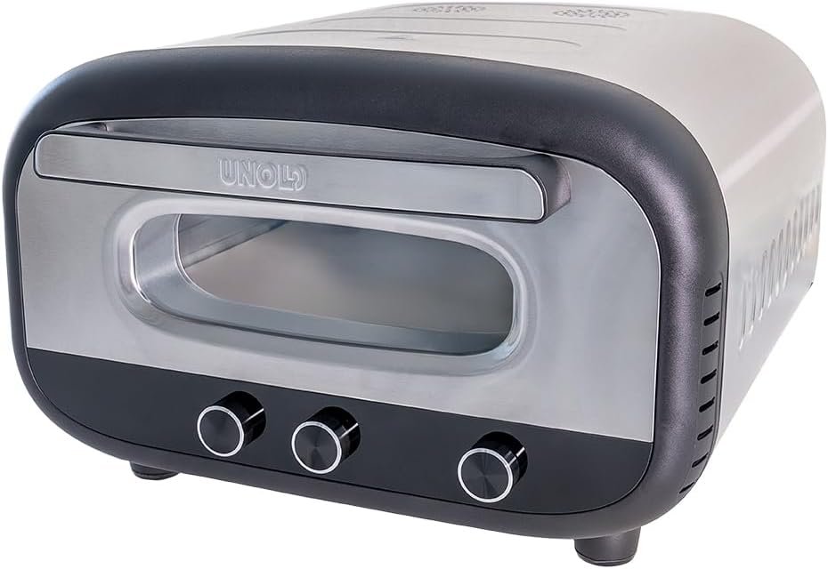 Unold Pizzaofen, Schwarz, 68806 Alfredo, Elektrischer ohne Gas inkl Zubehör, 2min Backzeit mit Pizzastein 450°C