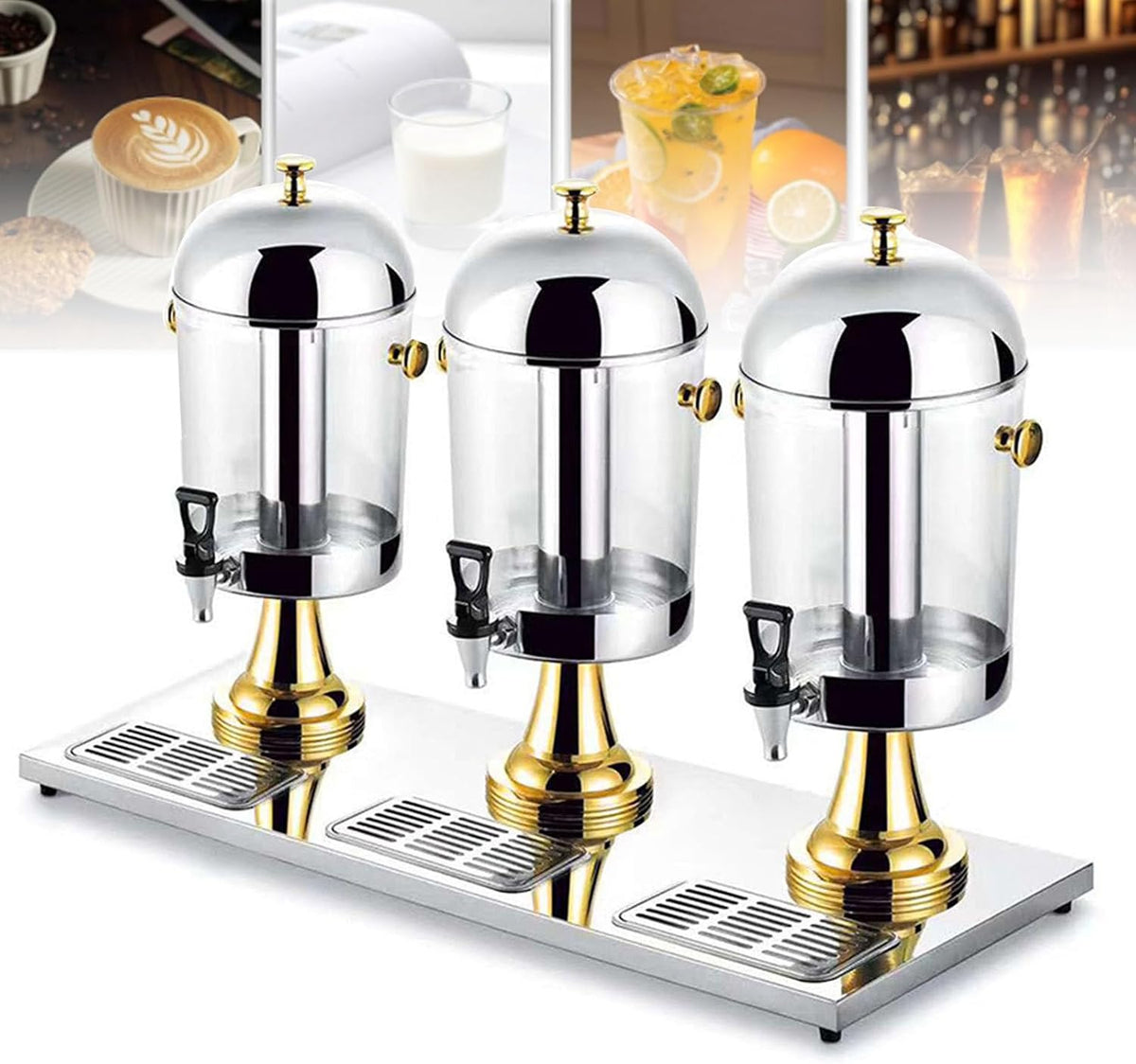 Saftspender Buffetschrank, 24 l, Silber/Gold, aus Edelstahl, mit klarem Glas, Dreiköpfen-Entsafter für den gewerblichen Einsatz