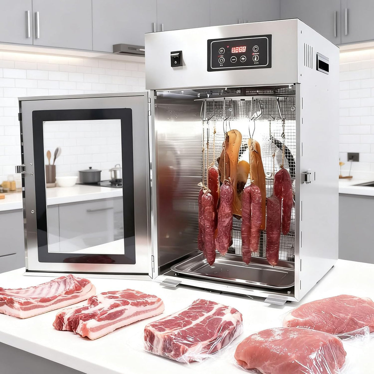 moupeaktain Reifeschrank, 7.5 kg, Silber, Dörrgerät aus Edelstahl, Für Fleisch mit 14 Haken, Temperaturregelung 30-90℃