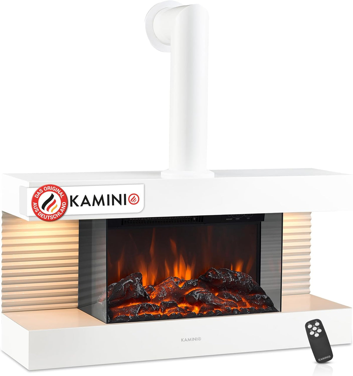 KAMINIO Elektrokamin, Weiß, Liz mit Ofenrohr - Elektrischer Wandkamin mit Heizung, 3D-Flammeneffekt, LED-Ambientelicht