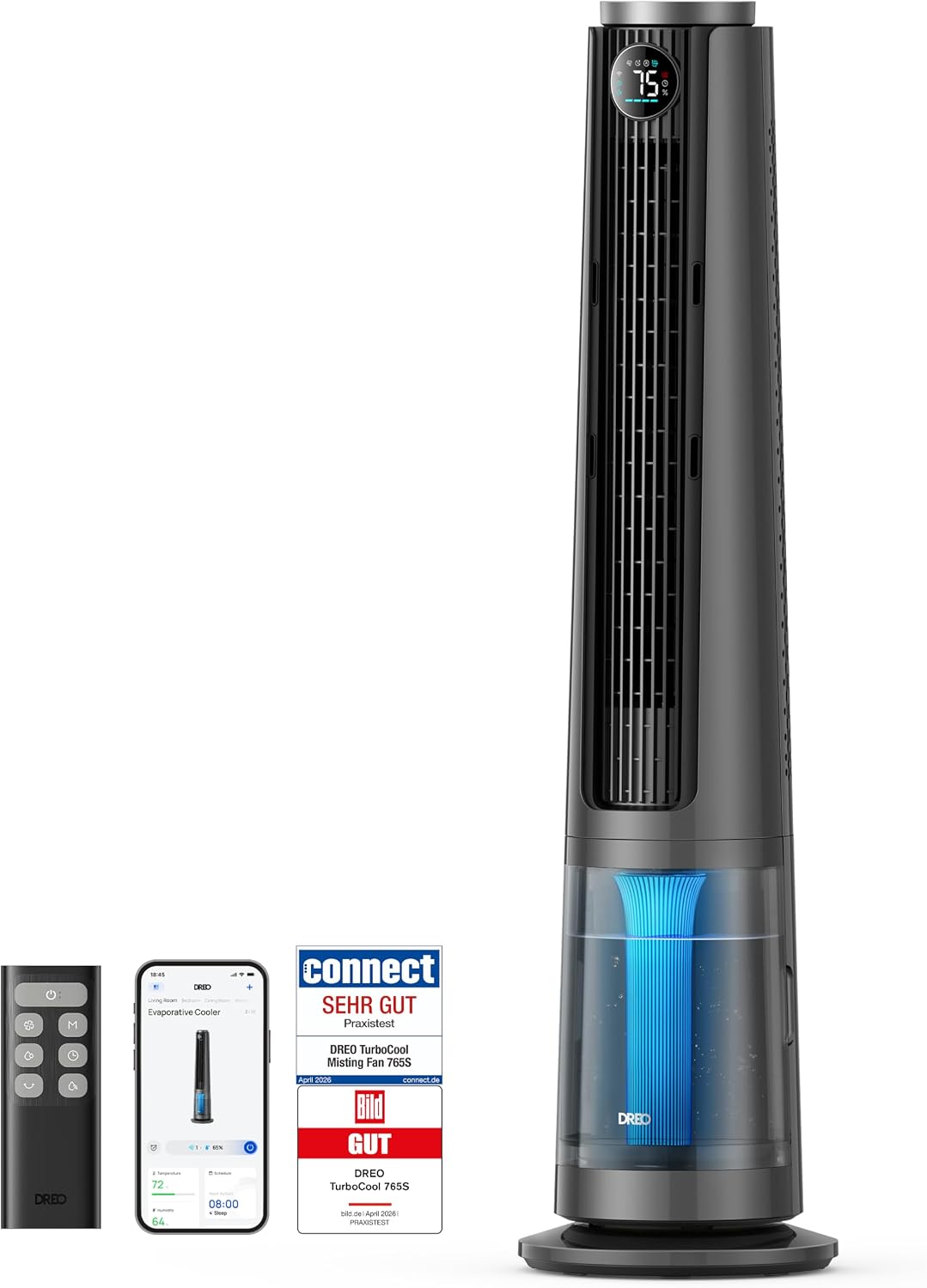 DREO Turmventilator, 10.4 m, 20 dB, 6 L, Weiß, TurboCool Nebelventilator 765S, 3-in-1 mit Ultraschall, WLAN & App-Steuerung