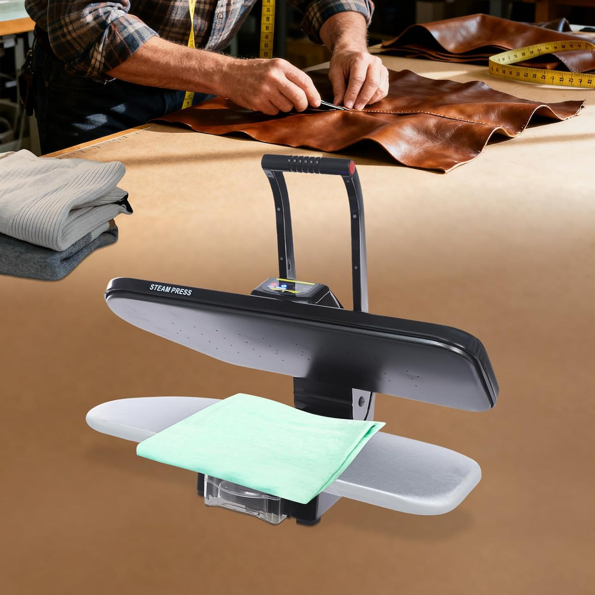 GIDRLL Bügelpressen, 1 L, Schwarz, Intelligente Dampfpresse mit Touchscreen, 5 Stoffmodi (Nylon, Seide, Wolle, Baumwolle