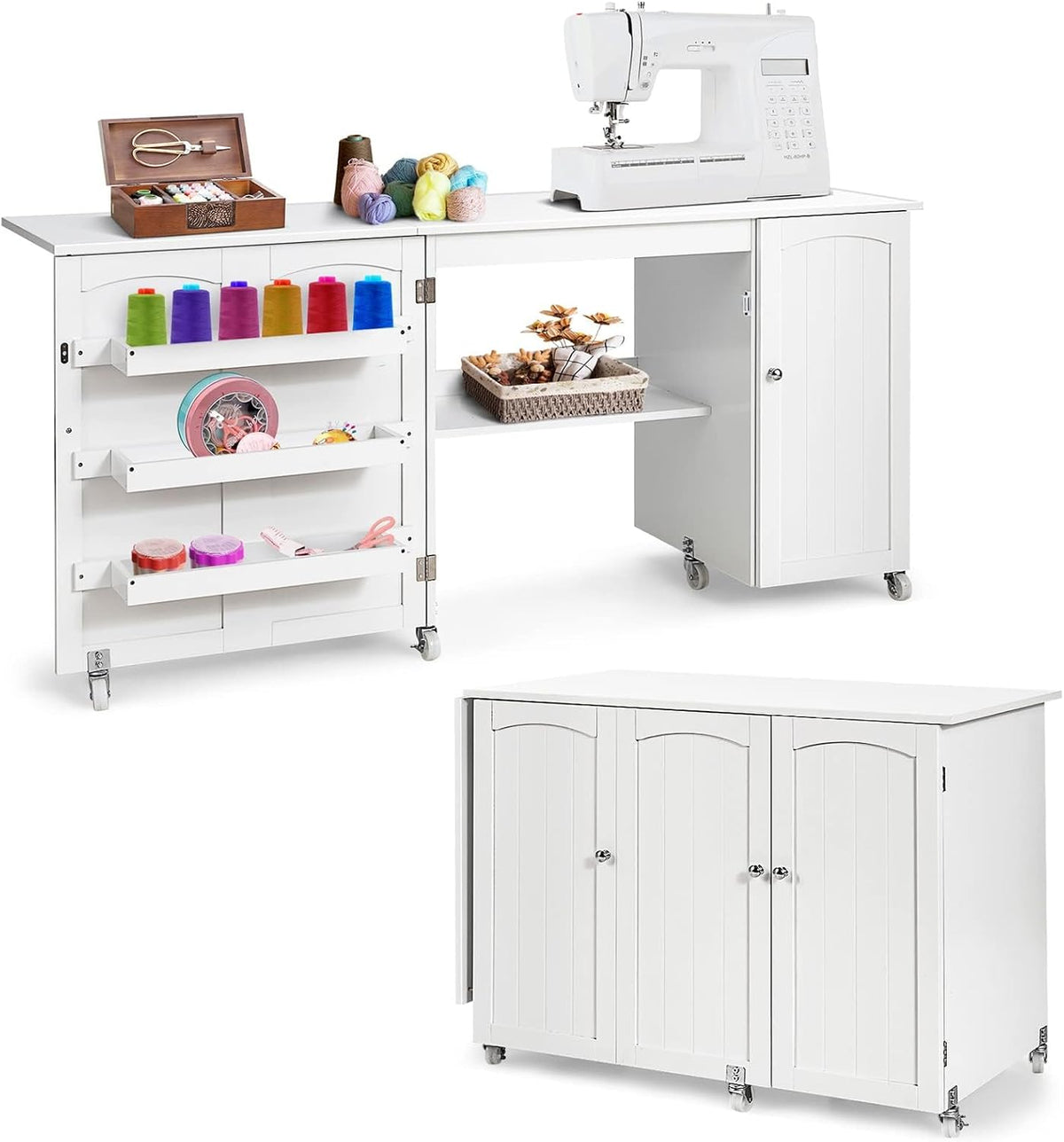 COSTWAY Schreibtisch, 158x50x75 cm, Weiß, 2 in 1 Nähtisch Nähschrank klappbar, Nähmaschinentisch mit Arbeitsplatte