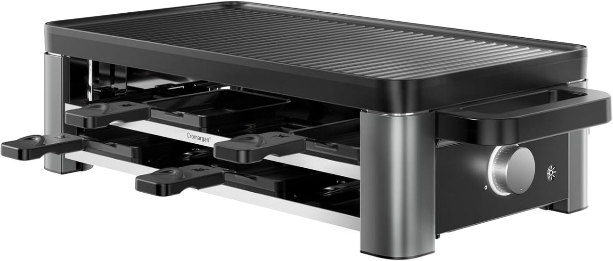 WMF Raclettes, Schwarz, Master Raclette Grill mit Keramikpfännchen und Schiebern, mit Ablage