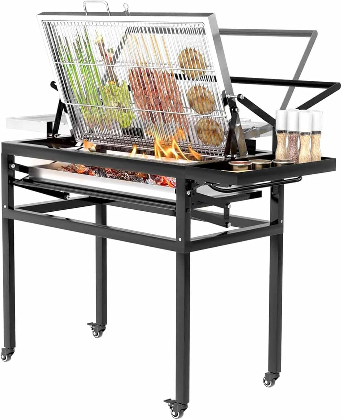 JIADUOFU Holzkohlegrill, Braun, BBQ- mit untergestell, quadratischer Outdoor-Grill (zerlegbar & tragbar), für Camping