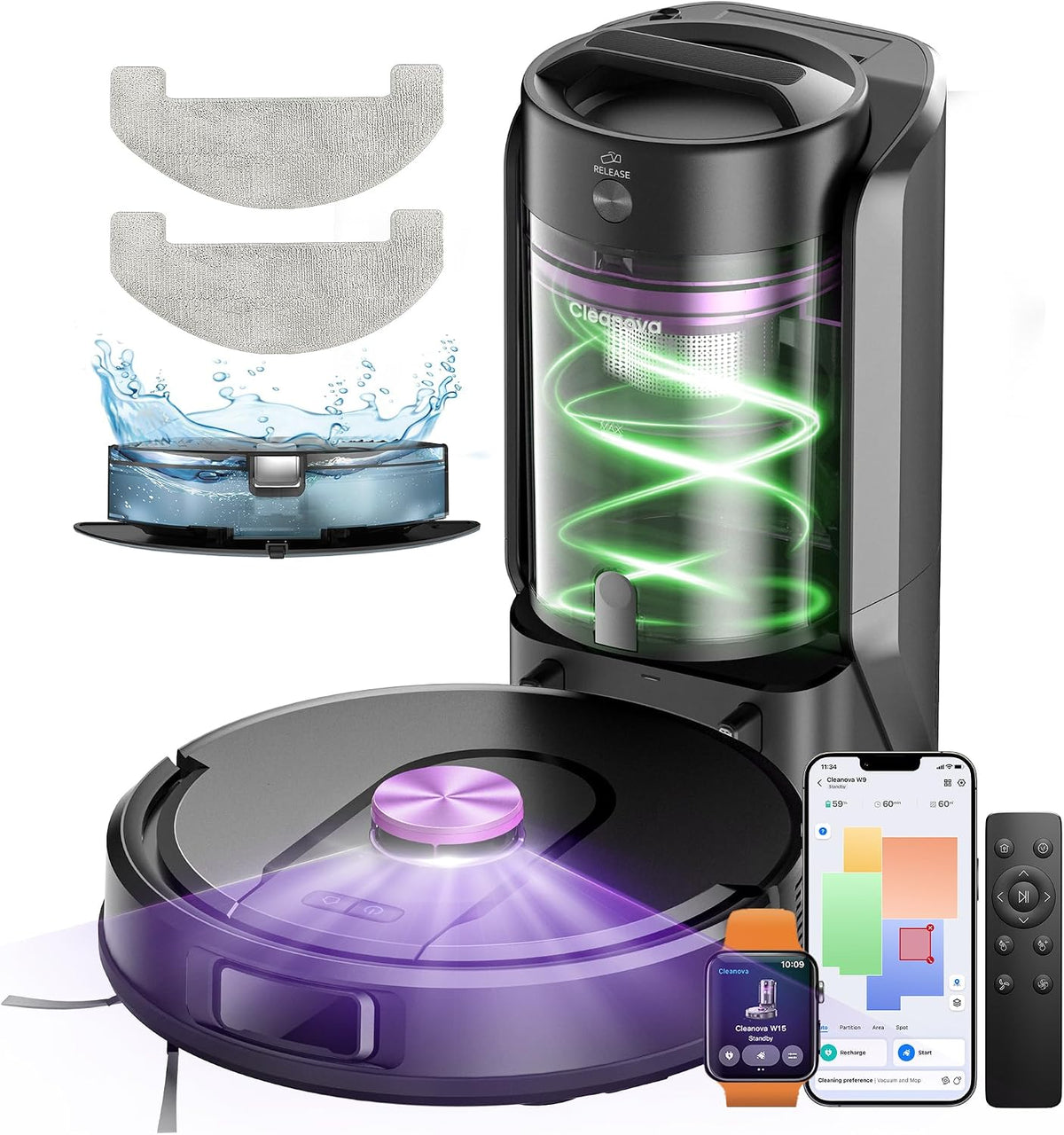 Vexilar Saugroboter, Schwarz, mit Wischfunktion, beutelloser Multi-Zyklon mit Absaugstation, 10.000Pa & 200 Min Staubsauger Roboter