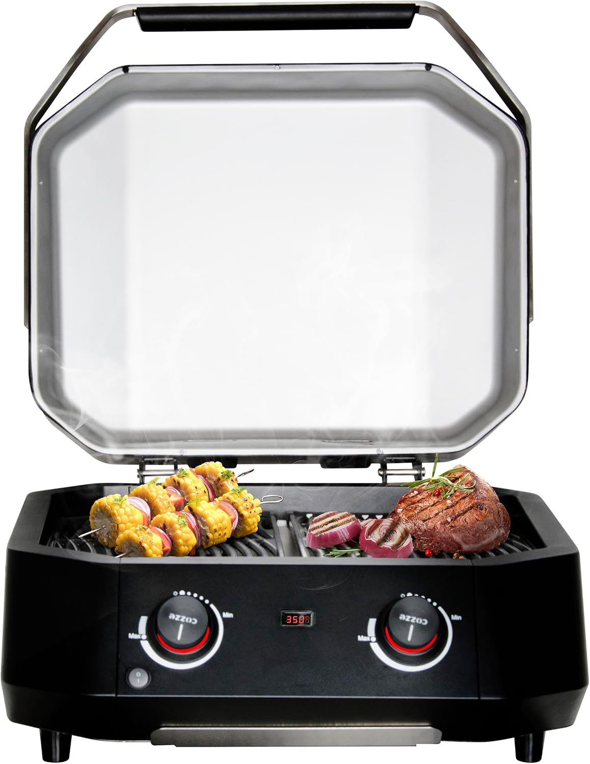cozze Elektrogrill, 51 x 39 cm, 2100 W, 230 V, Schwarz, ® E-500 mit 2 Zonen, Grillfläche, Digitalthermometer, 2 Heizspiralen SS430