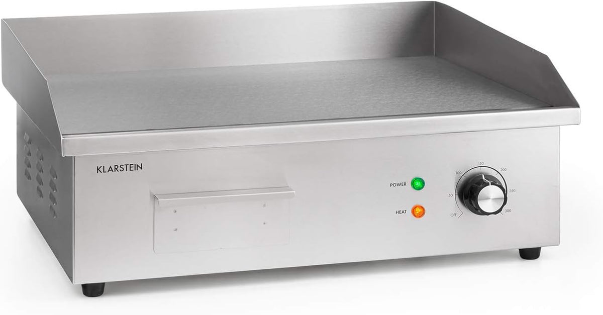 Klarstein Elektrogrill, 54,5x35 cm, Silber, Grillplatte, Elektrische Grillplatte, Tischgrill, aus Edelstahl, Spritzschutz & Auffangbehälter