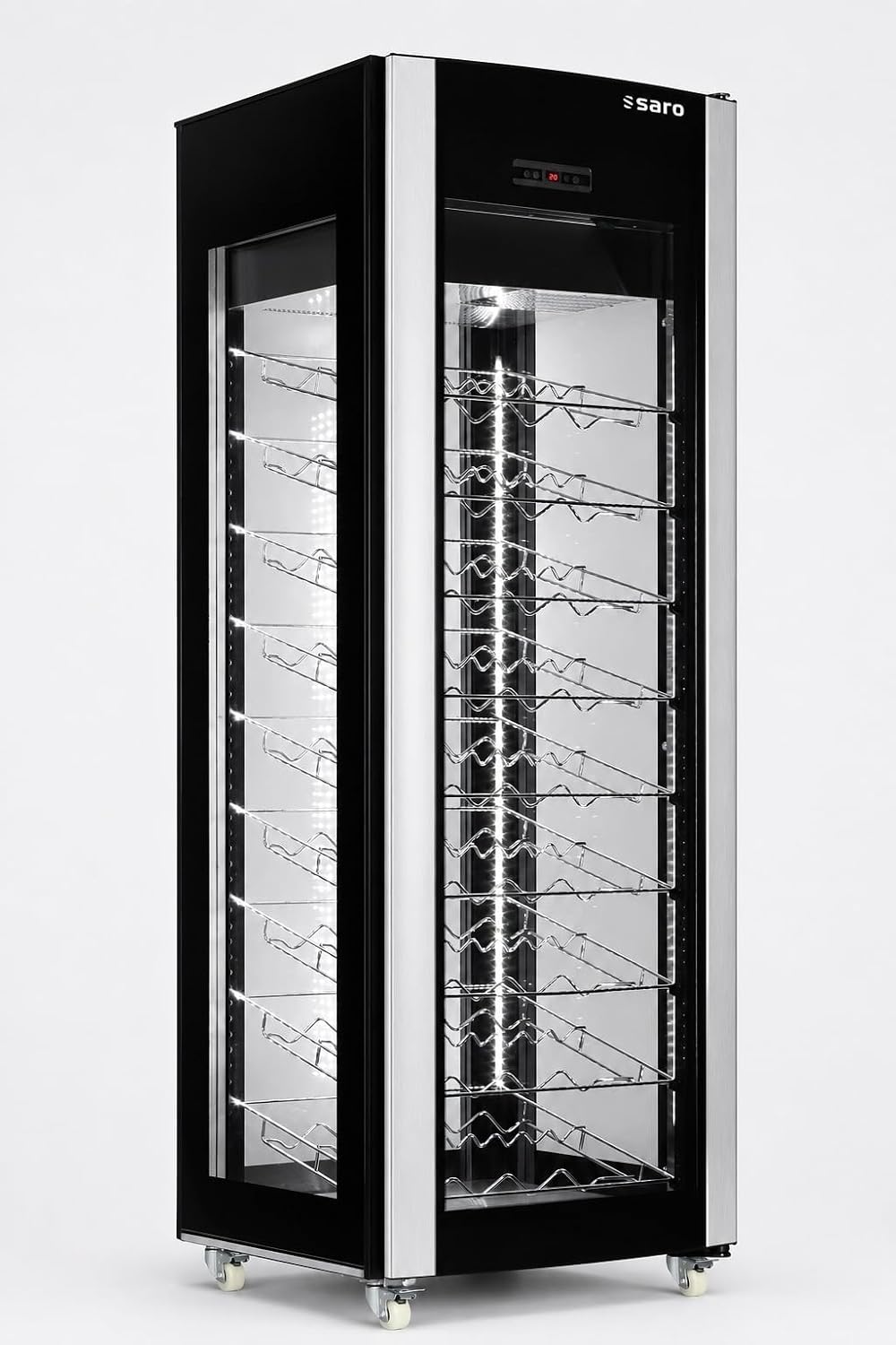 SARO Weinkühlschrank, Glas mit vertikaler Edelstahleinfassung, Schwarz, Modell WK 81
