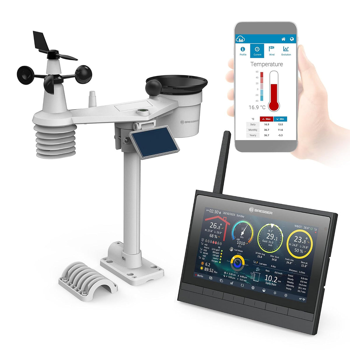 Bresser Wetterstationen, Braun, 9-in-1 MeteoChamp HD WLAN-Wetterstation mit, Luftqualitätsanzeige, Hitzestress-Index