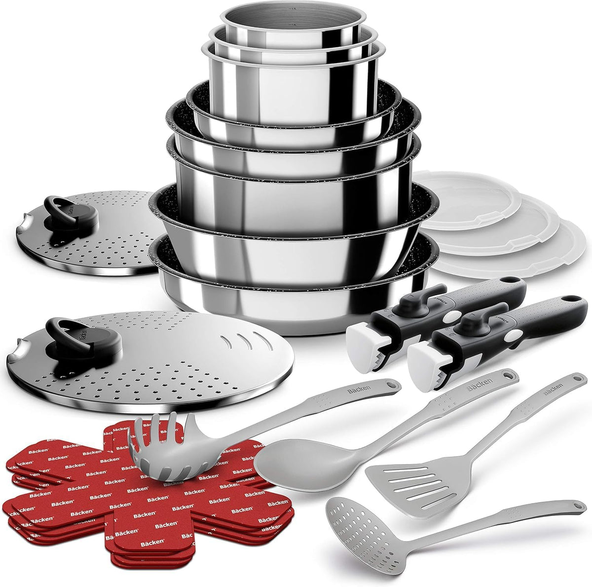 Backen Backofen, Silber, 199924 Kochgeschirr-Set, 24-teilig, Pfannen, Töpfe, Sauteuse, Deckel, Abnehmbare Griffe