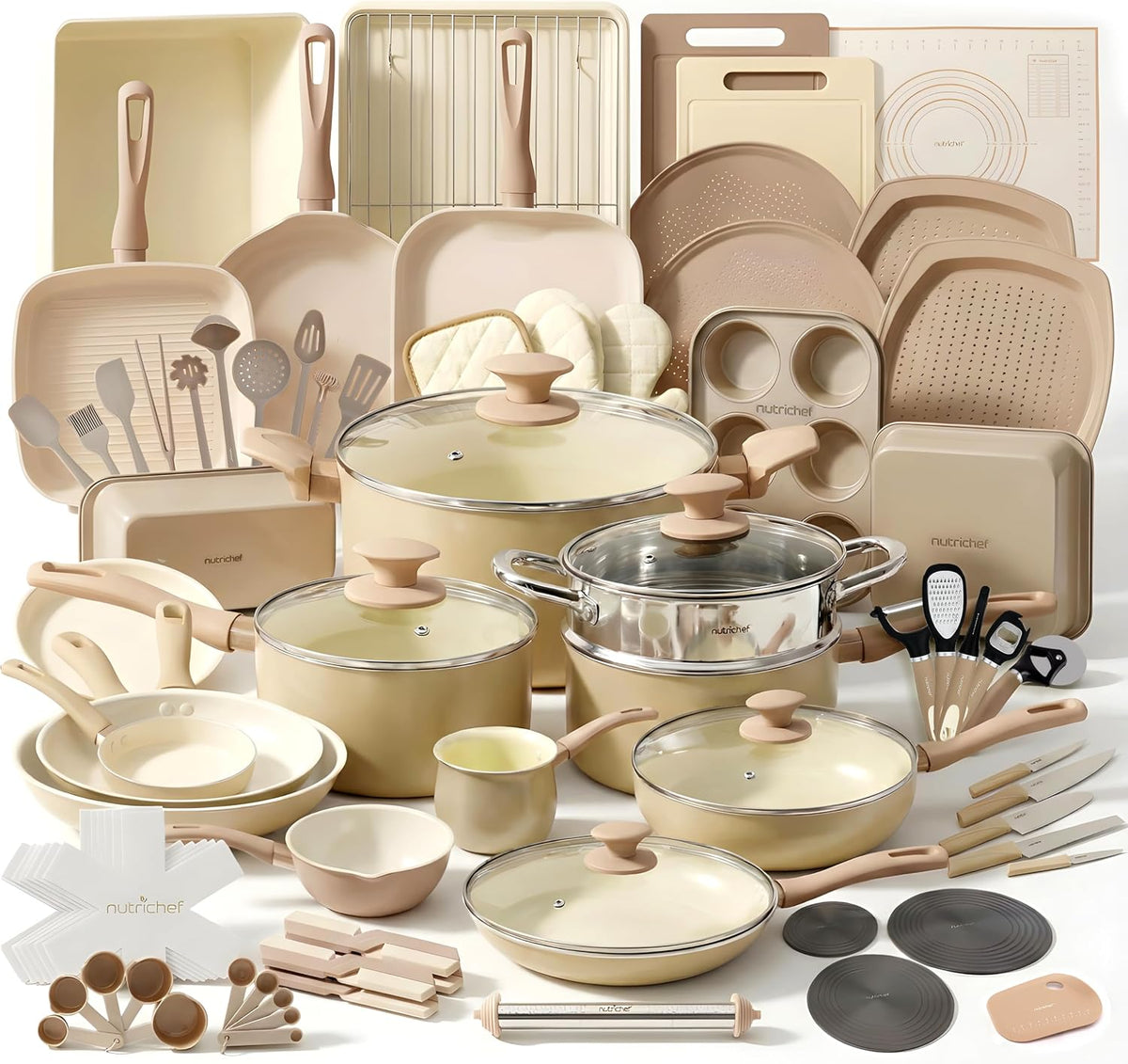 NutriChef Backofen, Schwarz, Topfset & Pfannenset Induktion 75-teiliges Kochgeschirr, Kochtopf Set mit Wok, Grill- und Crêpepfanne