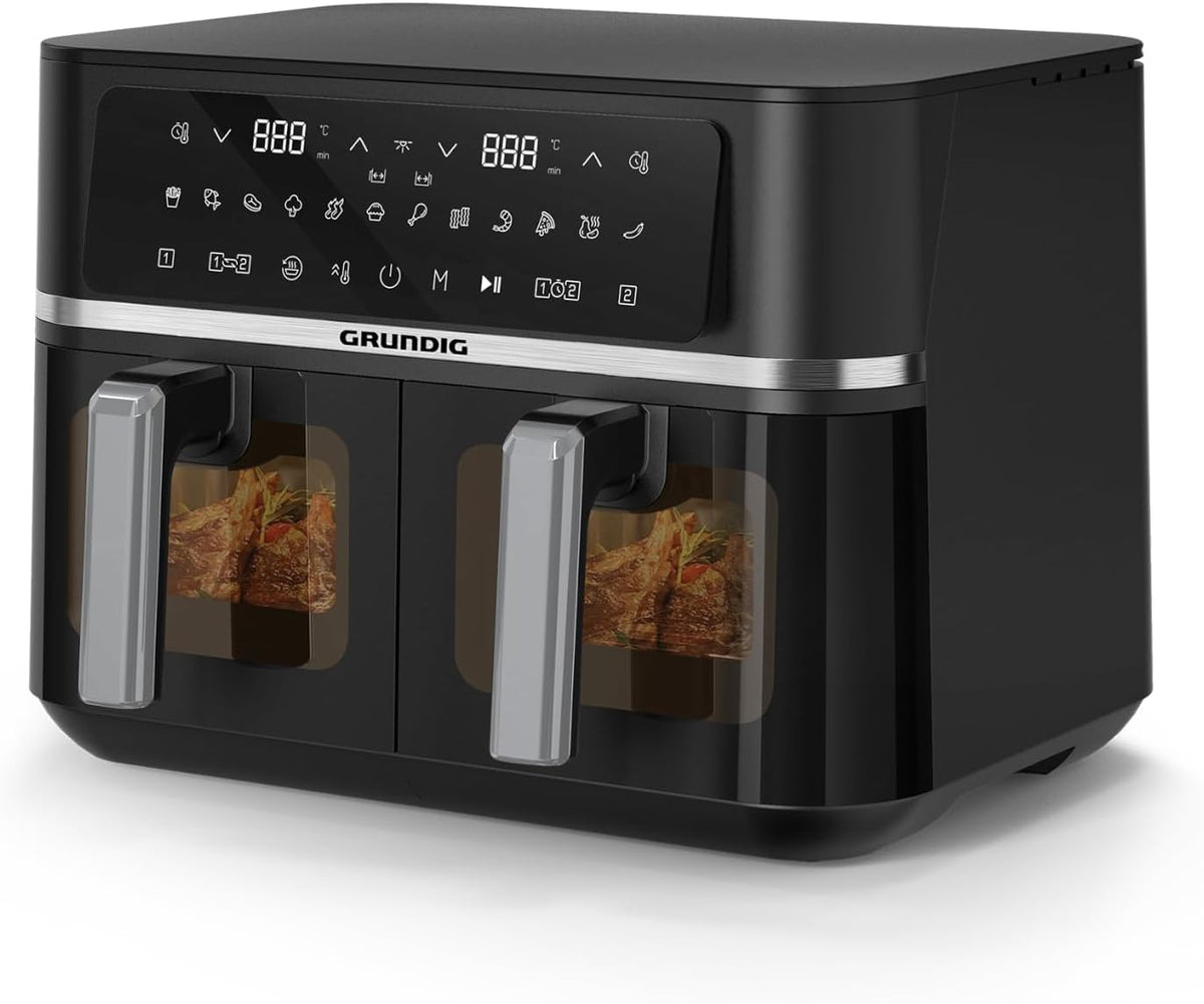GRUNDIG Heissluftfritteuse, 2400 W, 8,4 L, Schwarz, FRY 8620 Heißluftfritteuse, Dual Airfryer, 2 Frittierkörbe