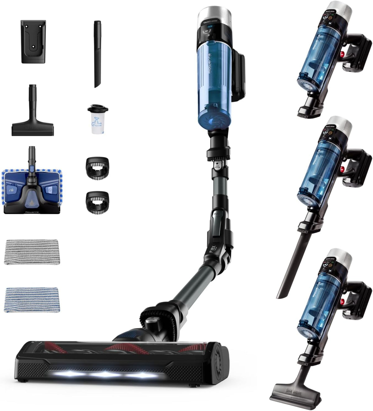 Rowenta Stabstaubsauger, Blau/Schwarz, X-Force Flex 9.60 Allergy Aqua kabelloser Akku-, 100 Air Watt, herausnehmbarer Akku