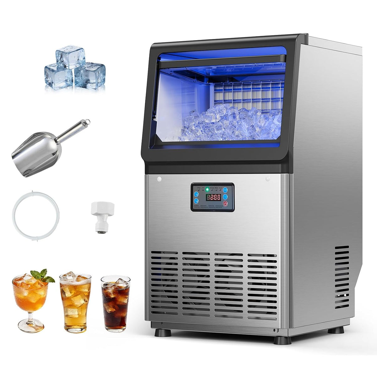 VEVOR Eismaschine, 36 kg, Silber, Gewerbliche /Tag Eiswürfelbereiter Edelstahlgehäuse, Unterbau-Eiswürfelmaschine mit LED-Anzeige