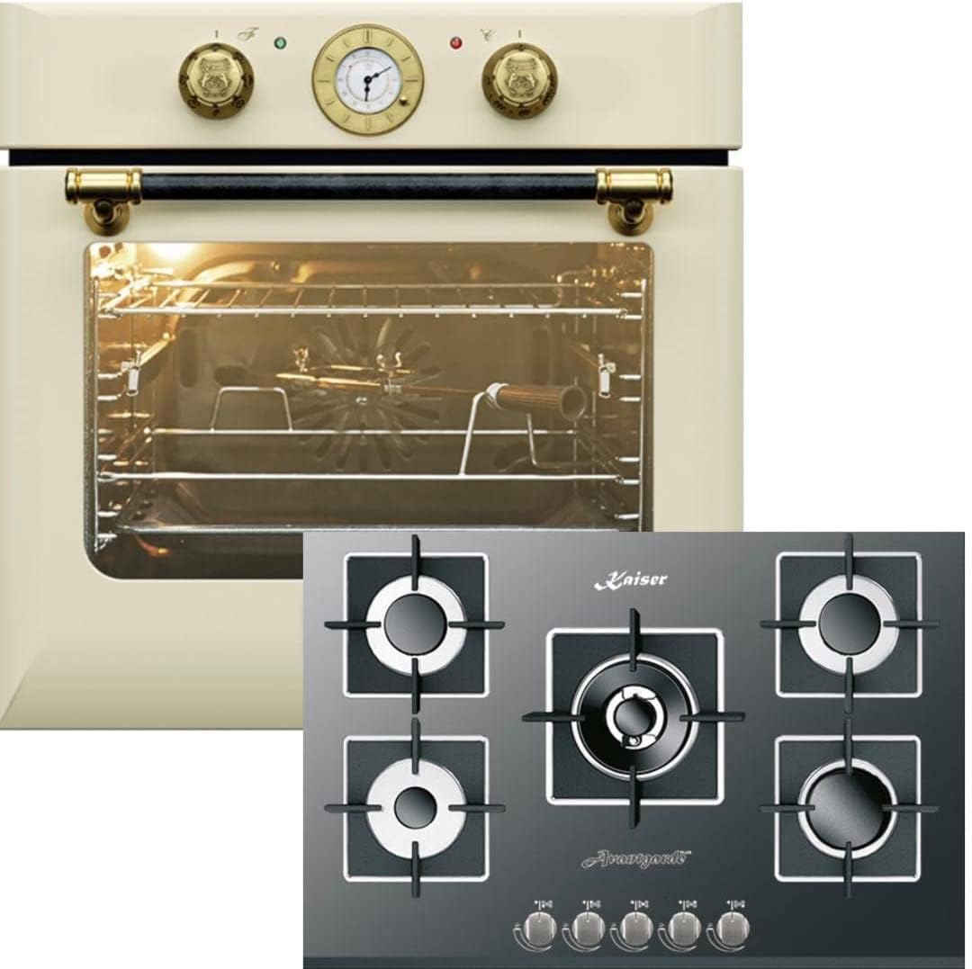 Kaiser Backofen, 3,8 kW, 68 L, 77 cm, Schwarz, Herdset Einbau EH 6432 ElfBE + KCG 8382, Retro Einbau Elektro, Autark